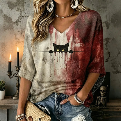 Cardydony Women's Cute Cat With Blood Printed Mid-length Sleeves V-neck T-shirt