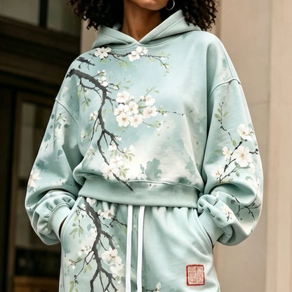 Cardydony Women's Japanese Floral Art Print Hoodie Two Piece Set