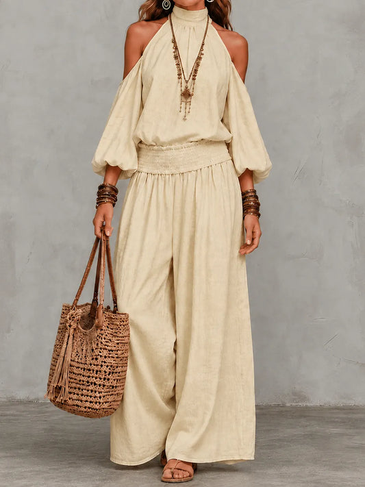 Cardydony Elegance Long-sleeved Openwork Top And Gathered Trousers Two-piece Set