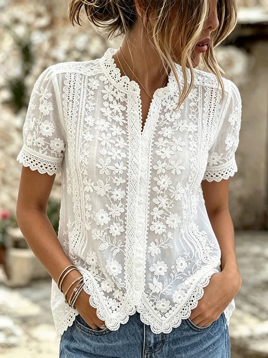 Cardydony Women's Retro Floral Embroidery Pattern Art Cotton Linen Short Sleeve Shirt