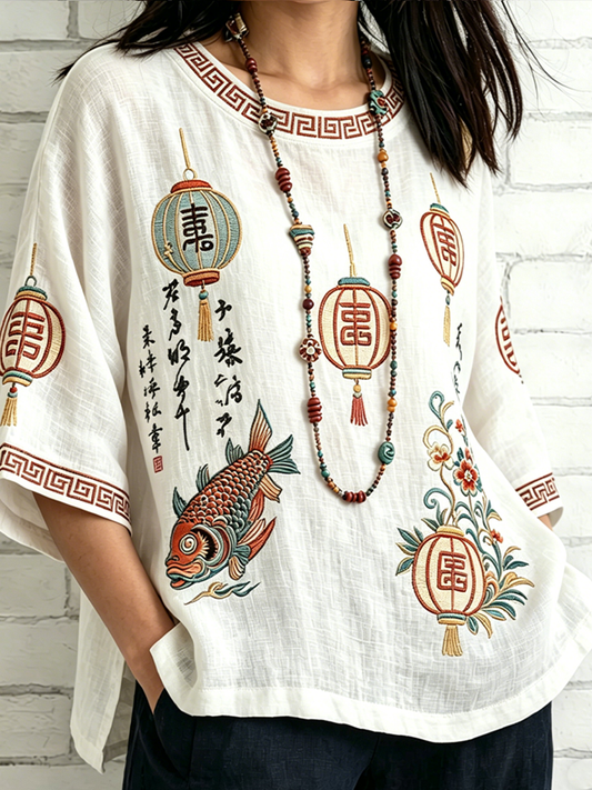 Cardydony Japanese Art Lady Retro Pattern Casual Linen Top