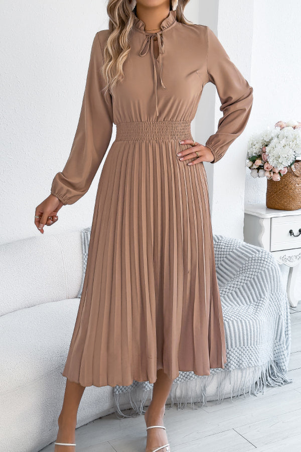 Cardydony Women's Solid Color Long-sleeved Fitted Waist Pleated Elegant Midi Dress