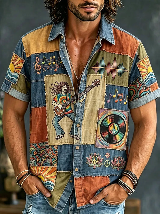 Cardydony Men's Hippie Music Patchwork Denim Art Print Casual Shirt