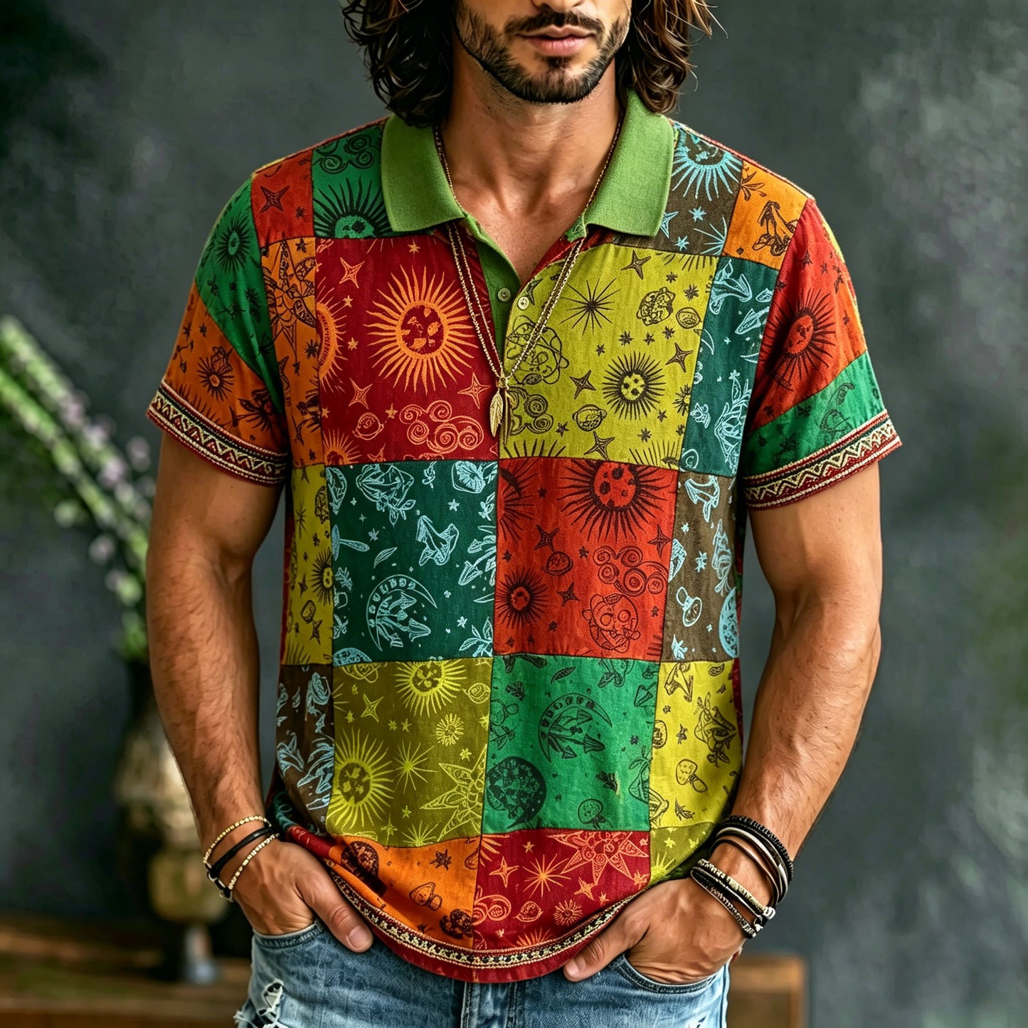 Cardydony Men's Ethnic Pattern Patchwork Sun And Moon Print Color-blocked Polo Shirt