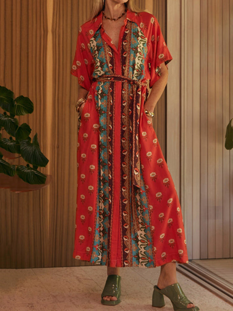 Cardydony Vintage Mediterranean Printed Linen Shirt Dress