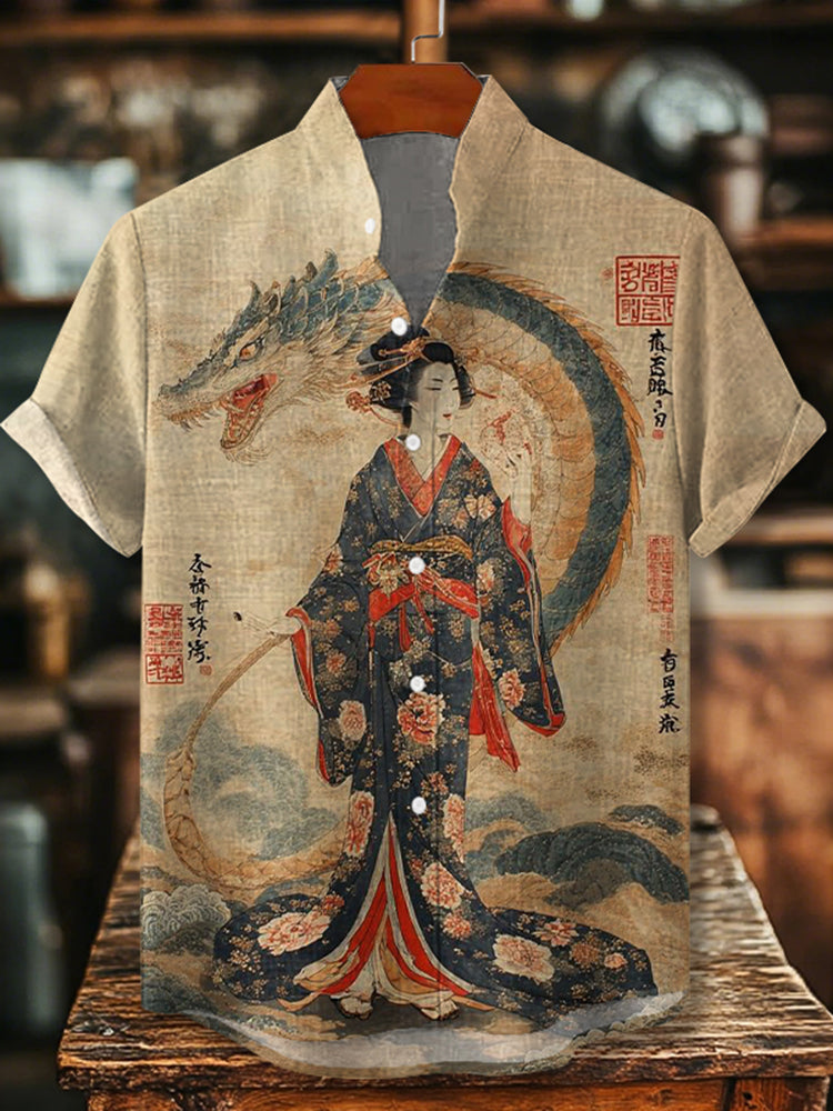 Cardydony Men's Vintage Elegant Japanese Geisha With Dragon Art Comfy Linen Blend Cozy Short Sleeve Shirt