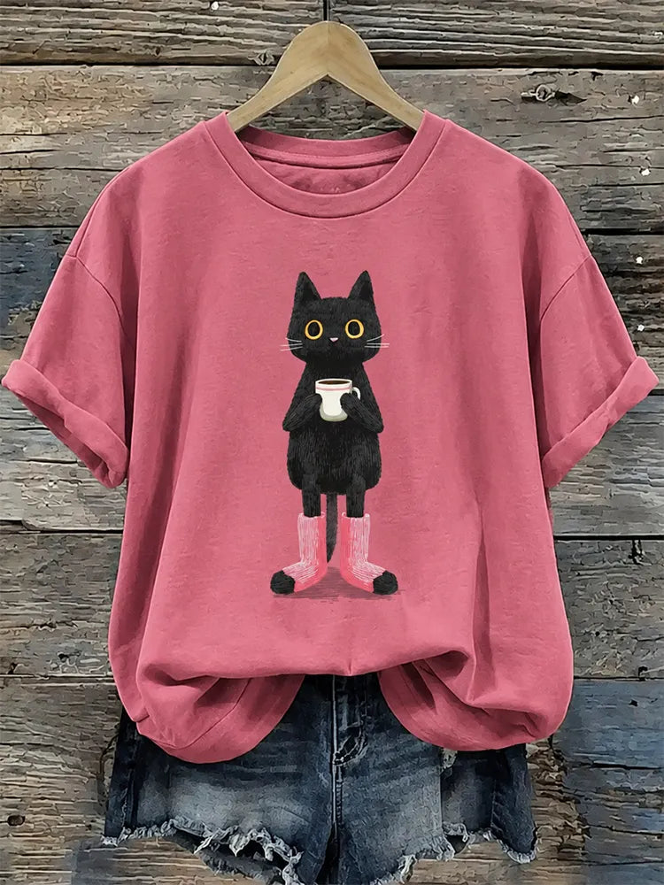 Cardydony Women's Vintage Black Cat Art Casual Short Sleeve T-shirt