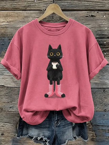 Cardydony Women's Vintage Black Cat Art Casual Short Sleeve T-shirt