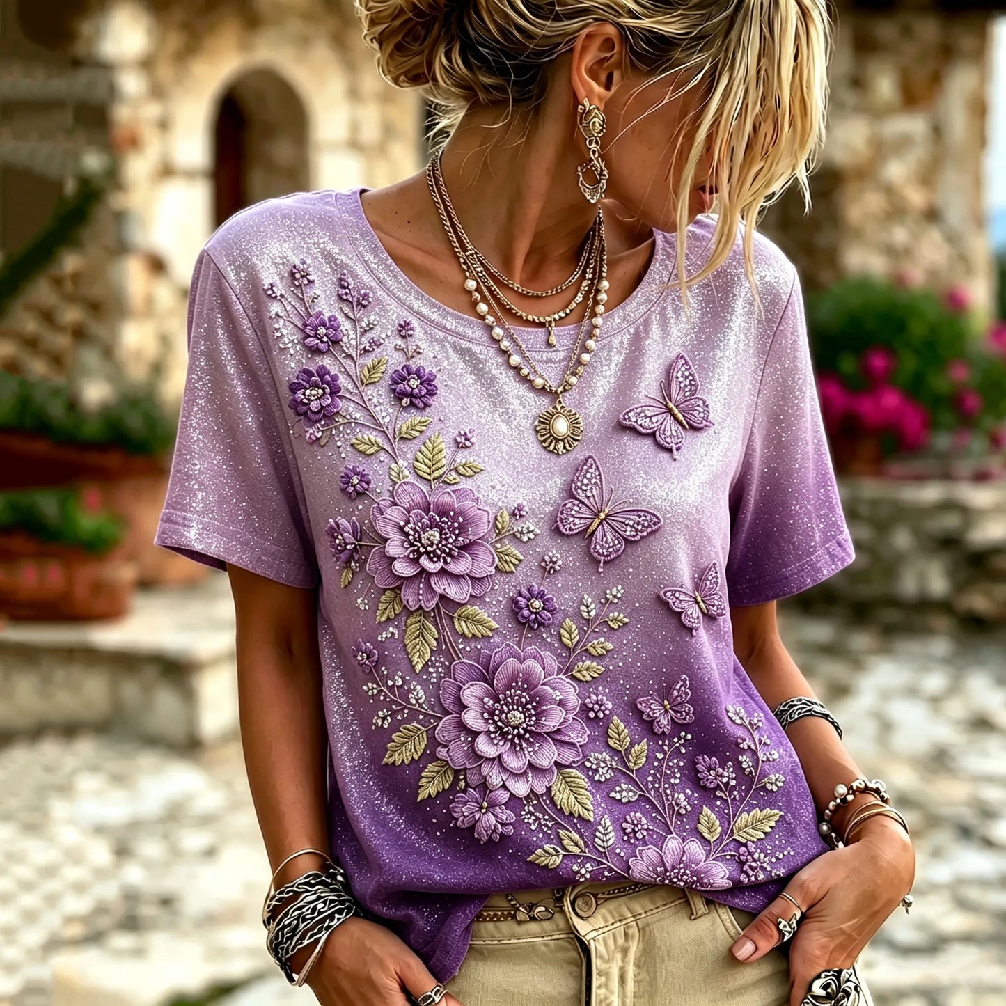 Cardydony Women's Vintage Floral And Butterfly Embroidery Art Round Neck Short Sleeve T-shirt