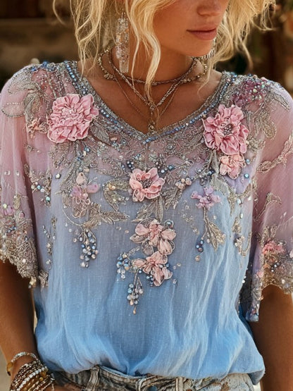Cardydony Women's Retro Bohemian Style Floral Print V-neck Short-sleeve Top