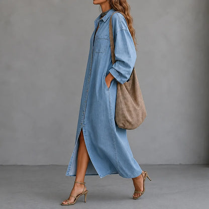 Cardydony Elegant Casual Single-breasted Collar Shirt Maxi Dress
