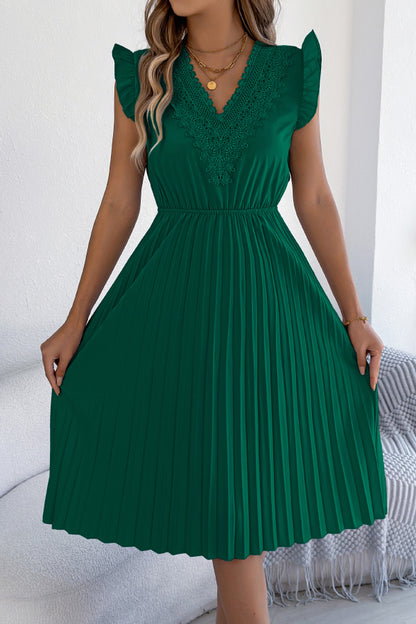Cardydony Women's Solid Color V-neck Lace-trimmed Sleeveless Casual Pleated Midi Dress