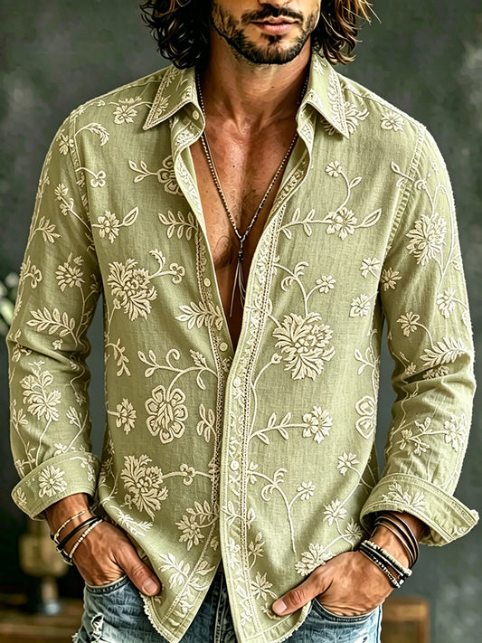Cardydony Men's Floral Embroidered Casual Cotton Linen Long-sleeved Shirt
