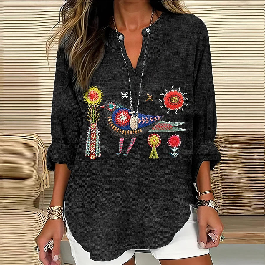 Cardydony Women's Floral And Bird Embroidery Art Pattern Cotton And Linen V-neck Shirt