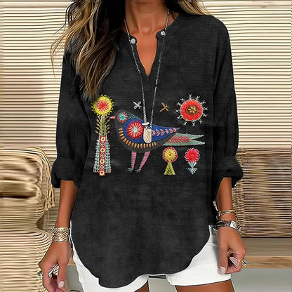 Cardydony Women's Floral And Bird Embroidery Art Pattern Cotton And Linen V-neck Shirt