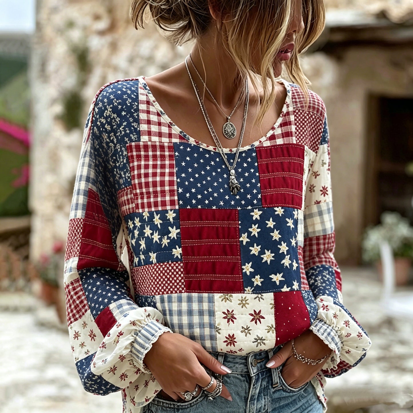 Cardydony Women's Vintage Independence Day Flag Patchwork Art Print Linen Blend T-shirt