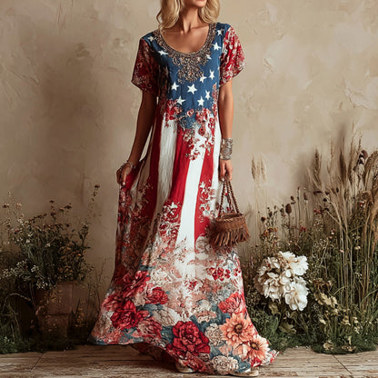 Cardydony Women's American Flag And Floral Print Dress