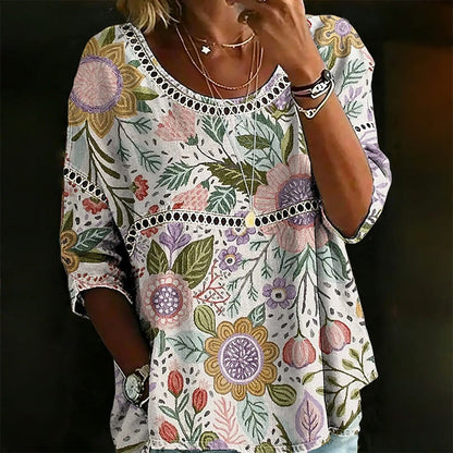 Cardydony Women's Retro Floral Art Print Cotton Linen Casual T-shirt