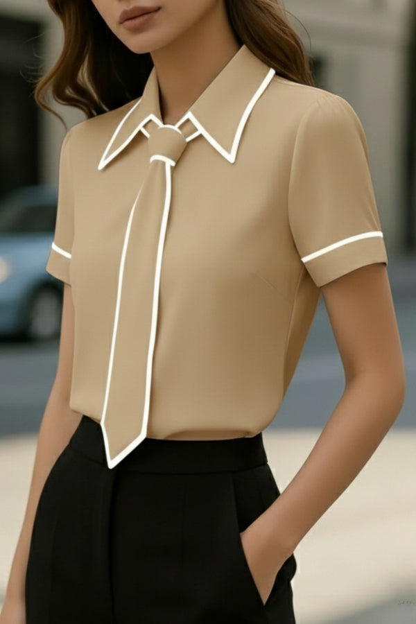 Cardydony Women's  Stylish Color-blocked Trim Collared Short-sleeved Casual Shirt
