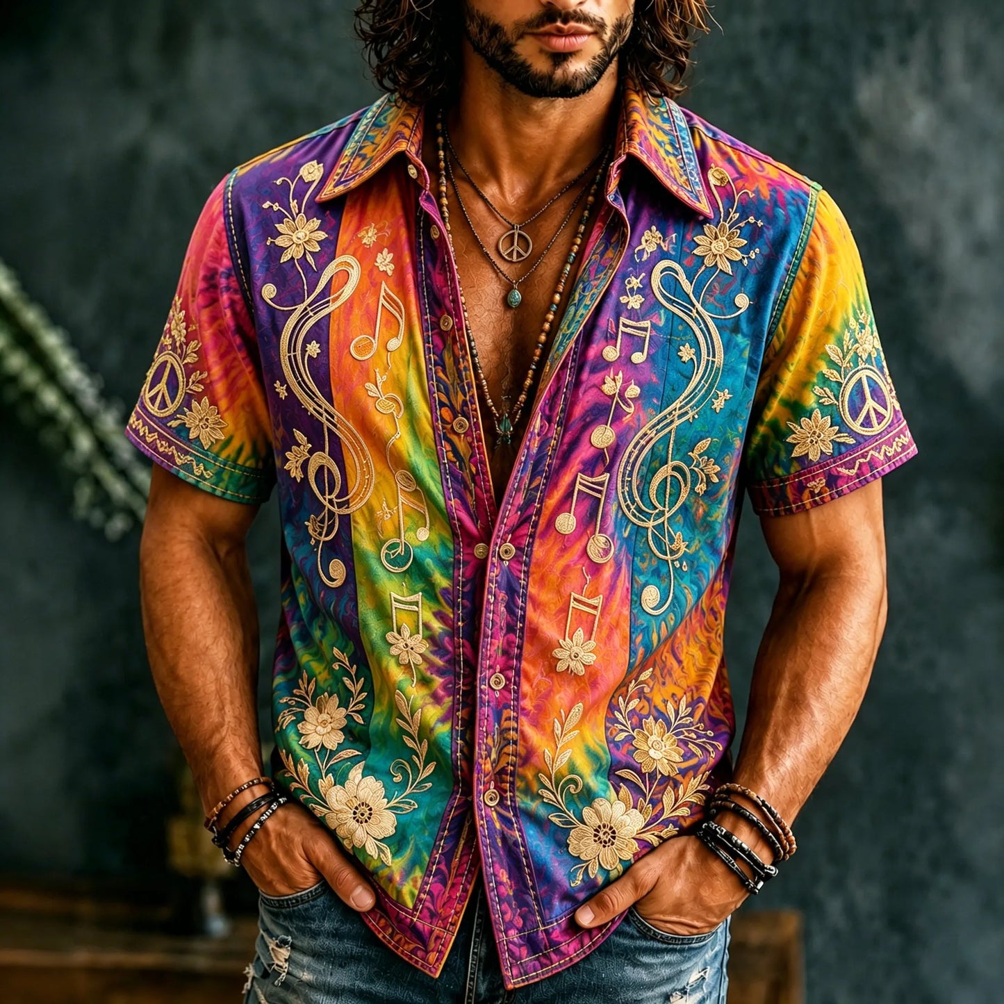 Cardydony Men's Retro Hippie Floral With Note Embroidery Art Short Sleeve Shirt