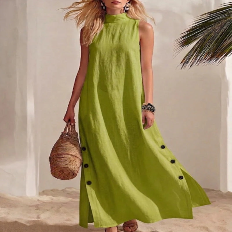 Cardydony Women's Solid Color Stand Collar Sleeveless Button Slit Linen Blend Midi Dress