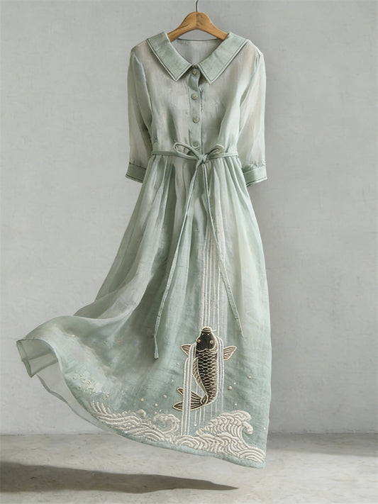 Cardydony Japanese Koi Carp Fish Upstream Flowy Maxi Dress