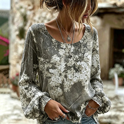 Cardydony Women's Vintage White Floral Print Casual Cotton And Linen Long-sleeved Top