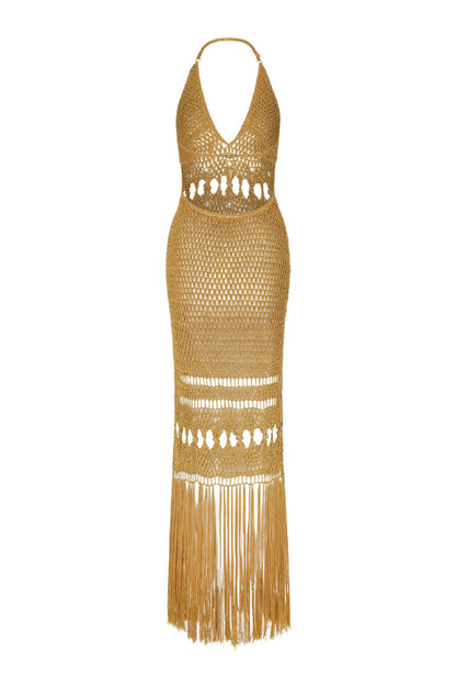 Cardydony Women's Fashionable Open-knit Backless Elegant Tassel Hem Vacation Cover-up Maxi Dress