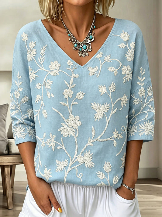Cardydony Women's Vintage Floral Pattern Art Print Flowy Linen Blend Three-quarter Sleeve V Neck Linen Tops