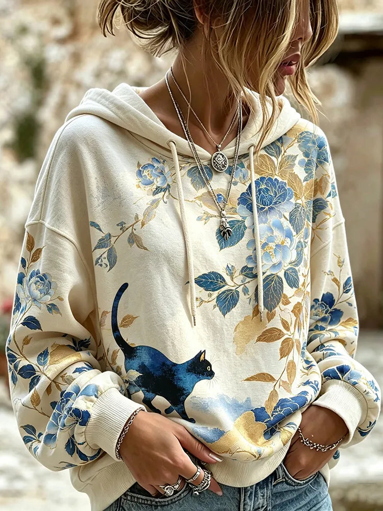 Cardydony Women's Bohemian Retro Black Cat Blue Peony Gold Flower Print Loose Casual Pullover Sweatshirt