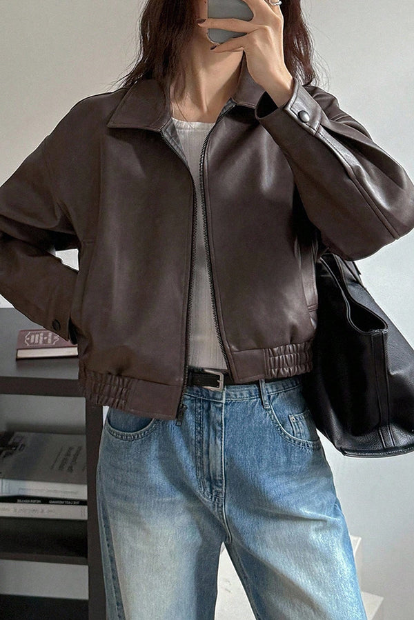 Cardydony Women's Fashion Lapel Long Sleeve Casual Pocket Short Leather Jacket