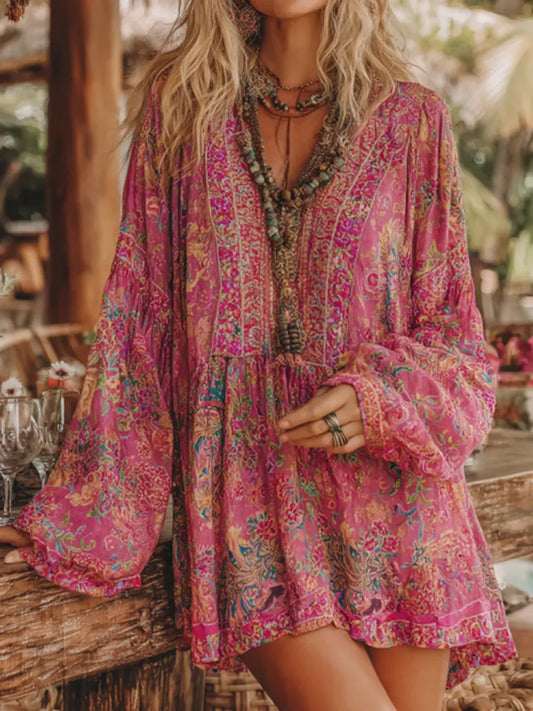 Cardydony Women's V Neck Boho Floral Art Casual Shirt