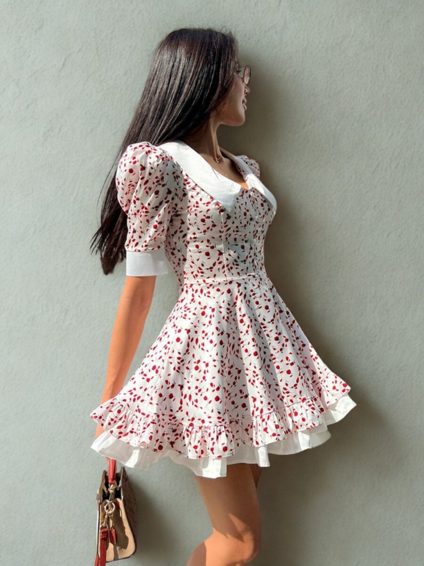 Cardydony Women's Red Floral Puff Sleeve Mini Dress with Doll Collar – Vintage Summer A-Line Dress