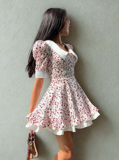 Cardydony Women's Red Floral Puff Sleeve Mini Dress with Doll Collar – Vintage Summer A-Line Dress