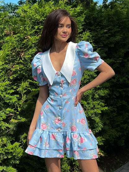 Cardydony Women's Floral Puff Sleeve Mini Dress | V-Collar Button Front with Tiered Hem Skirt