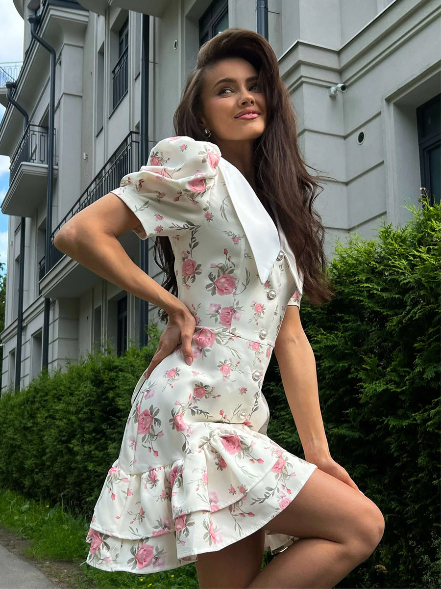 Cardydony Women's Floral Puff Sleeve Mini Dress | V-Collar Button Front with Tiered Hem Skirt
