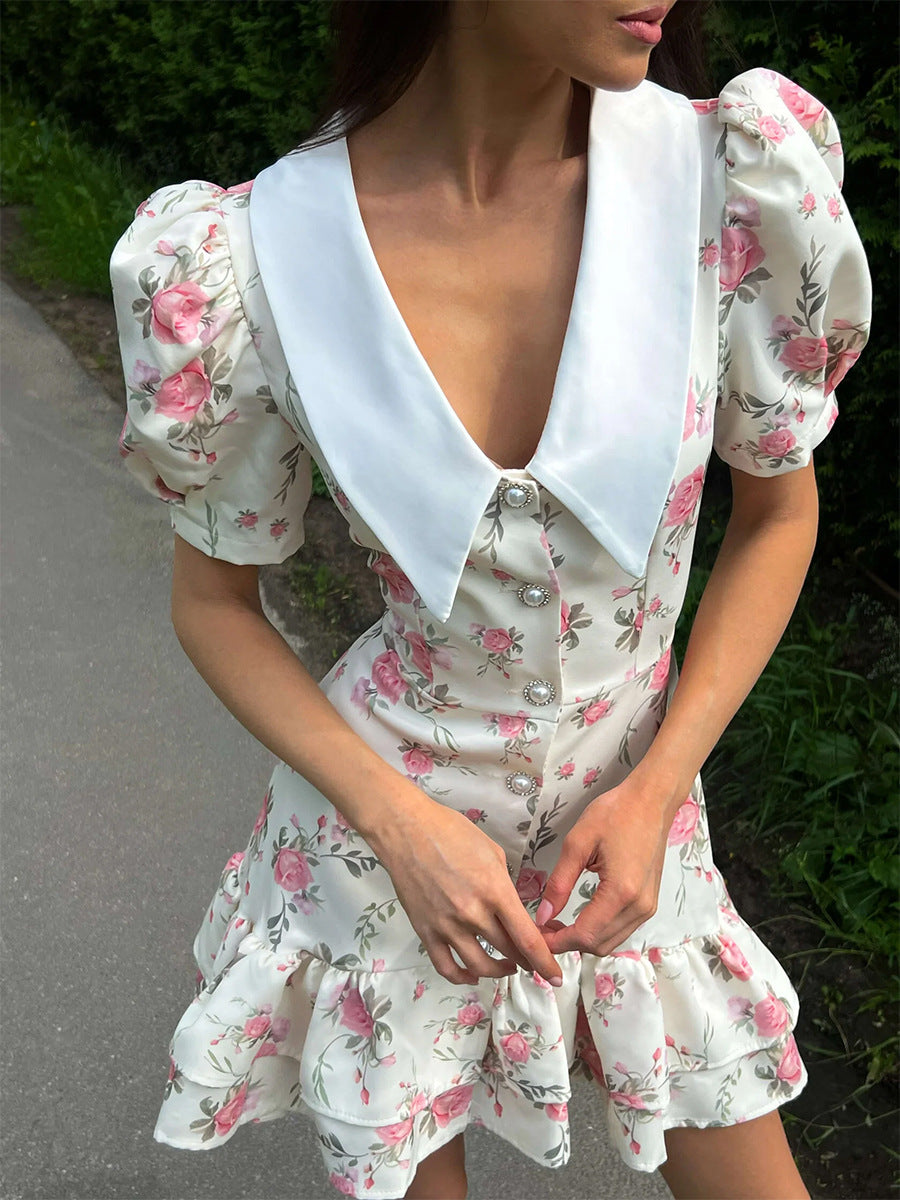 Cardydony Women's Floral Puff Sleeve Mini Dress | V-Collar Button Front with Tiered Hem Skirt