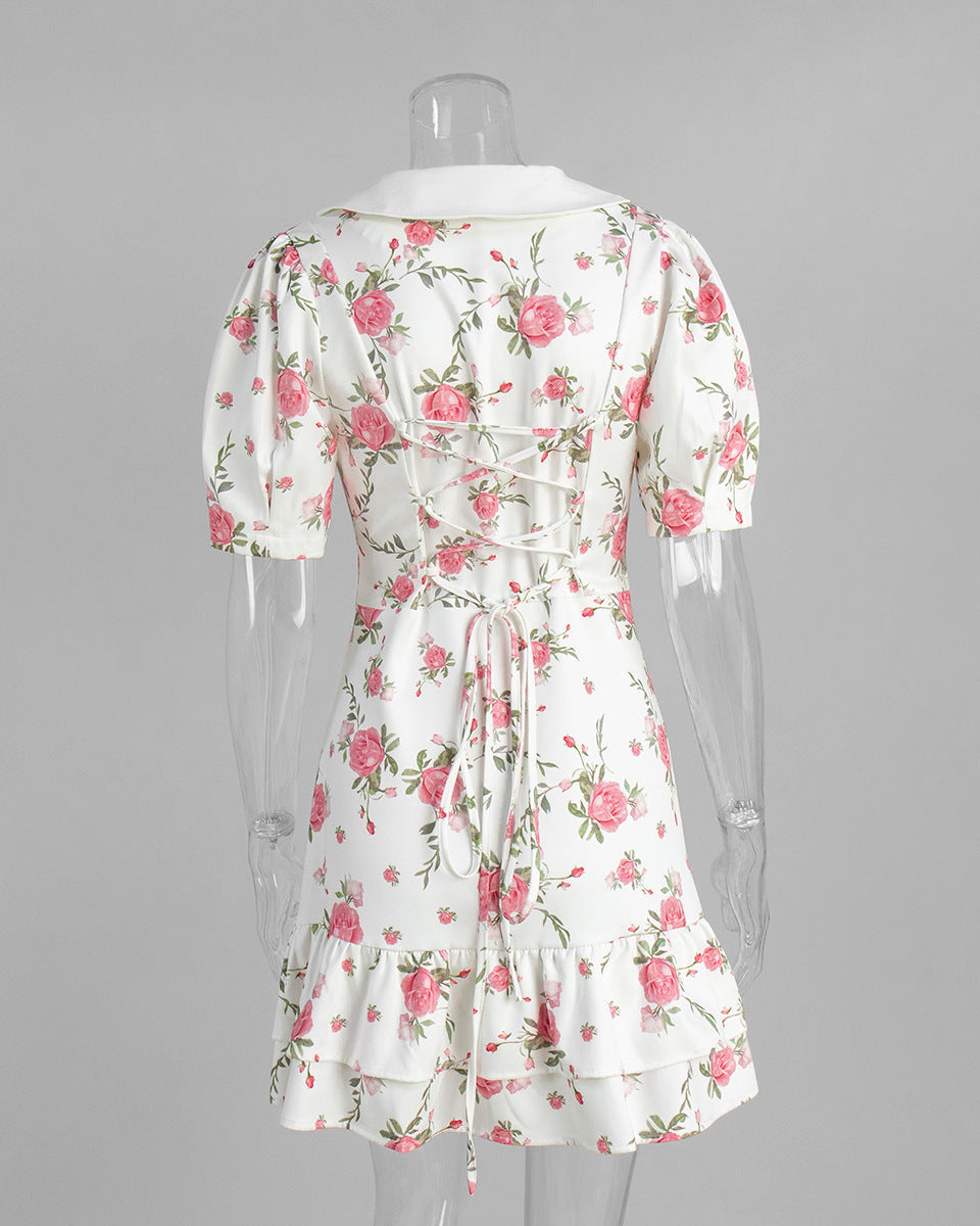 Cardydony Women's Floral Puff Sleeve Mini Dress | V-Collar Button Front with Tiered Hem Skirt