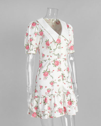 Cardydony Women's Floral Puff Sleeve Mini Dress | V-Collar Button Front with Tiered Hem Skirt