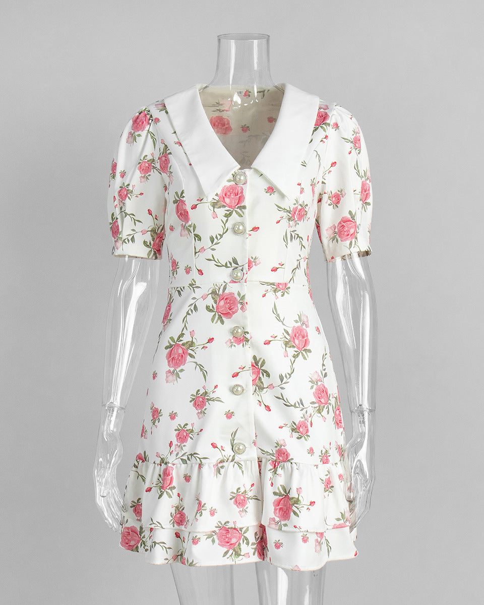 Cardydony Women's Floral Puff Sleeve Mini Dress | V-Collar Button Front with Tiered Hem Skirt