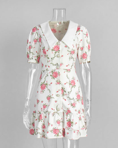 Cardydony Women's Floral Puff Sleeve Mini Dress | V-Collar Button Front with Tiered Hem Skirt