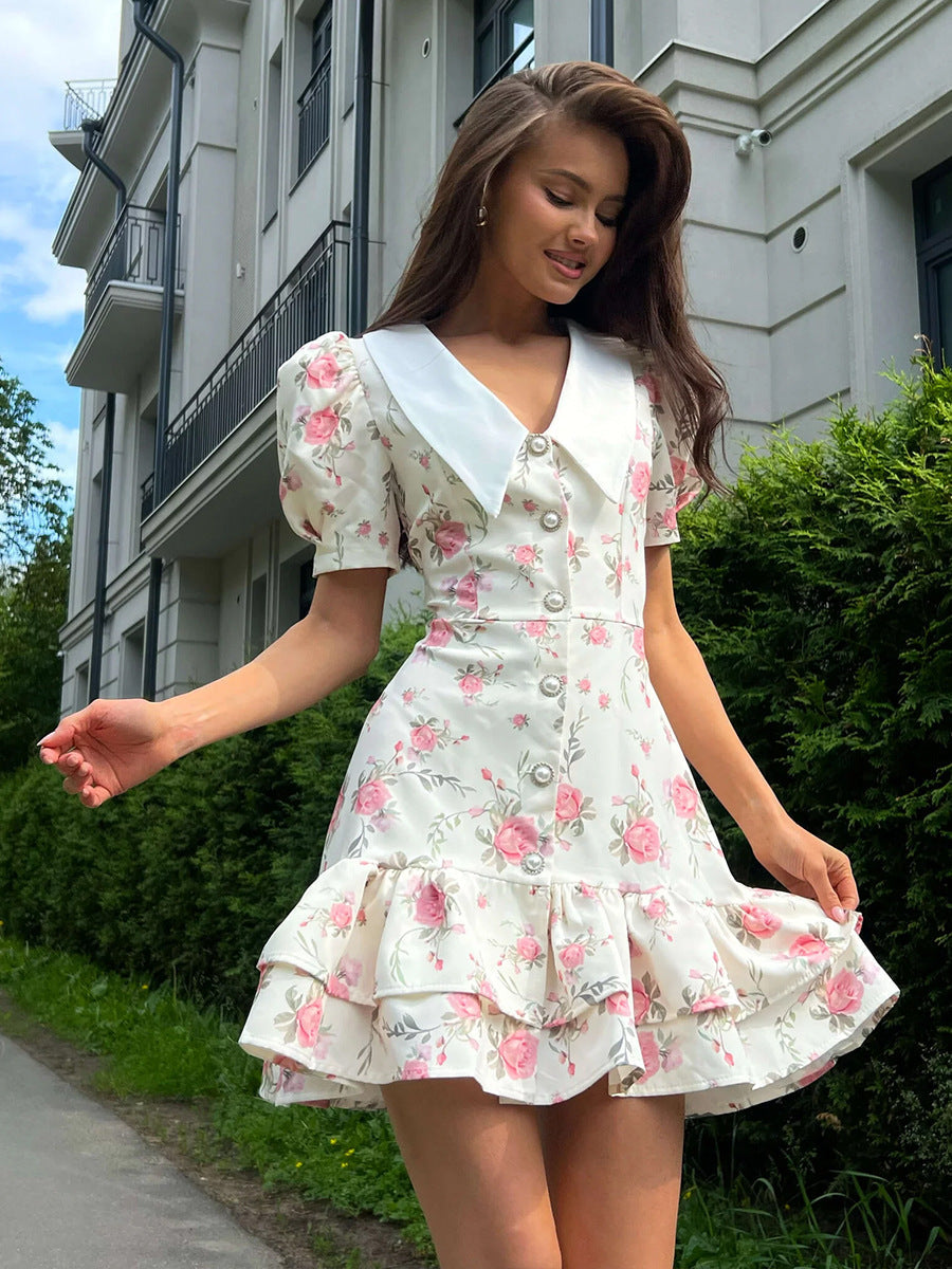 Cardydony Women's Floral Puff Sleeve Mini Dress | V-Collar Button Front with Tiered Hem Skirt