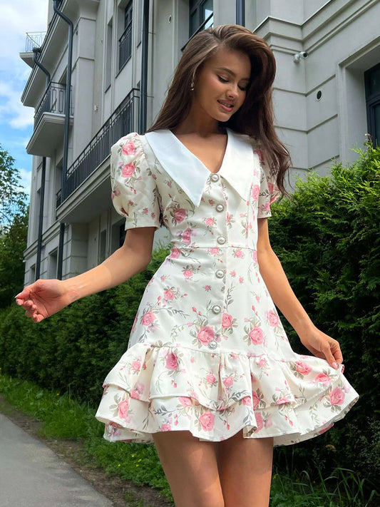 Cardydony Women's Floral Puff Sleeve Mini Dress | V-Collar Button Front with Tiered Hem Skirt