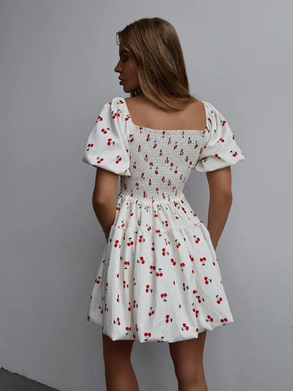 Cardydony Women's Floral Smocked Mini Dress – Puff Sleeve Short White Dress with Sweet Aesthetic