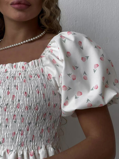 Cardydony Women's Floral Smocked Mini Dress – Puff Sleeve Short White Dress with Sweet Aesthetic