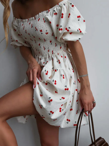 Cardydony Women's Floral Smocked Mini Dress – Puff Sleeve Short White Dress with Sweet Aesthetic