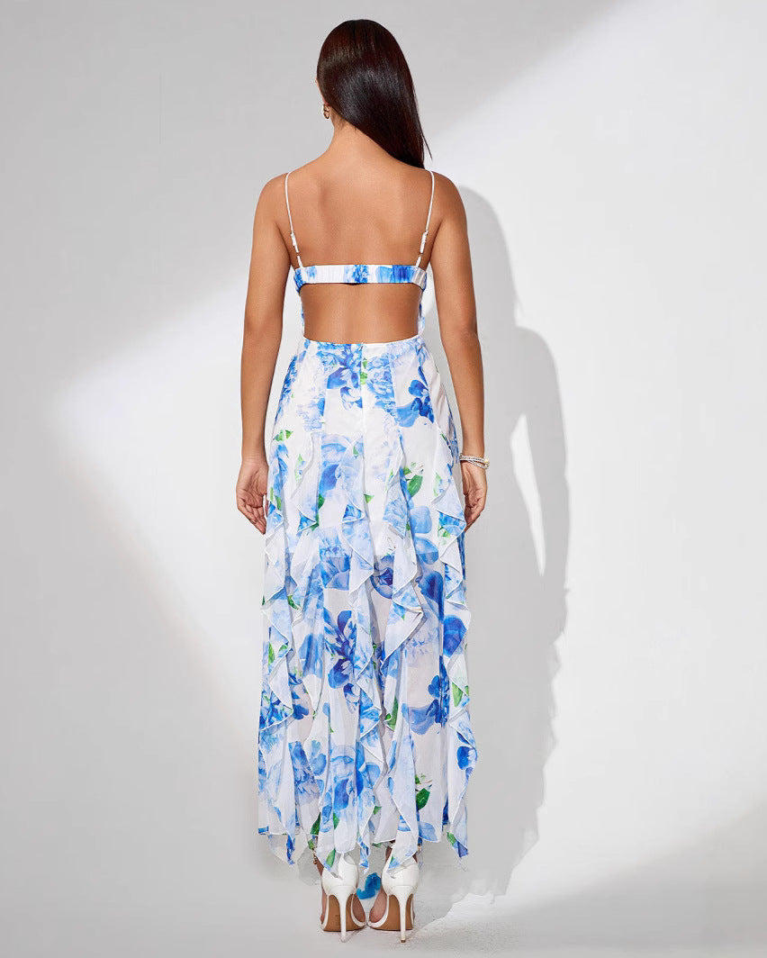 Cardydony Women's Floral Spaghetti Strap Slit Dress with Sweetheart Neck – Ruffle Hem Midi