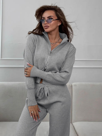 Cardydony Women's Women's Knit 2 Piece Set – Drawstring Wide Leg Pants with Zip Jacket Top