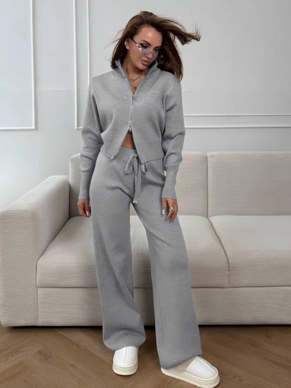 Cardydony Women's Women's Knit 2 Piece Set – Drawstring Wide Leg Pants with Zip Jacket Top
