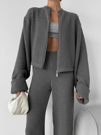 Cardydony Women's Women's Knit 2 Piece Set – Zip Jacket and Wide Leg Pants Outfit